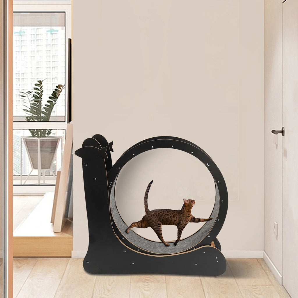 Cat Exercise Treadmill with Carpeted Runway, Safe Lock&Noise Reduction, Snail-Shaped Black Pet Fitness Toy for Cats Up to 33lbs