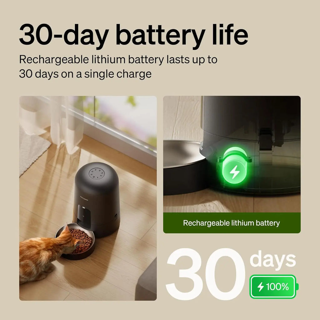 Wi-Fi Automatic Cat Feeder, 2L Rechargeable Pet Food Dispenser, 30-Day Battery, Black