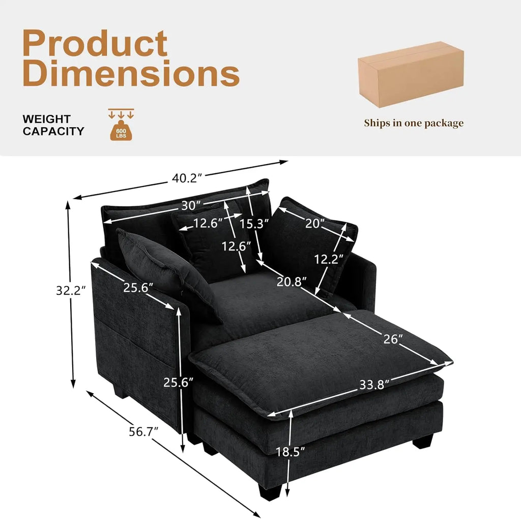 Oversized Accent Chair with Ottoman, Black Chenille Sofa Couch, Upholstered Chaise Lounge with Pillows for Living Room or Bedroo