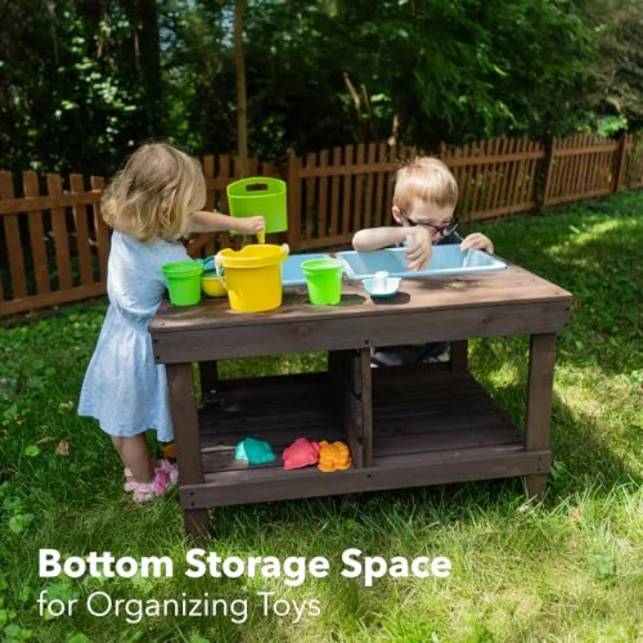 Sand and Water Table for Toddlers | Outdoor Wooden Sensory Sand Table with 2 Plastic Bins, Built-in Water Tap and Beach Toys Inc