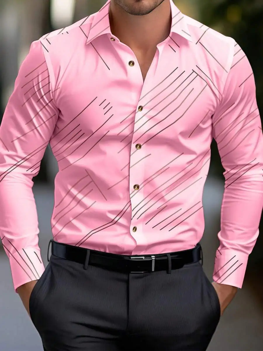 Men's Slim Fit Long Sleeve Button-Down Shirt with Geometric Line Print