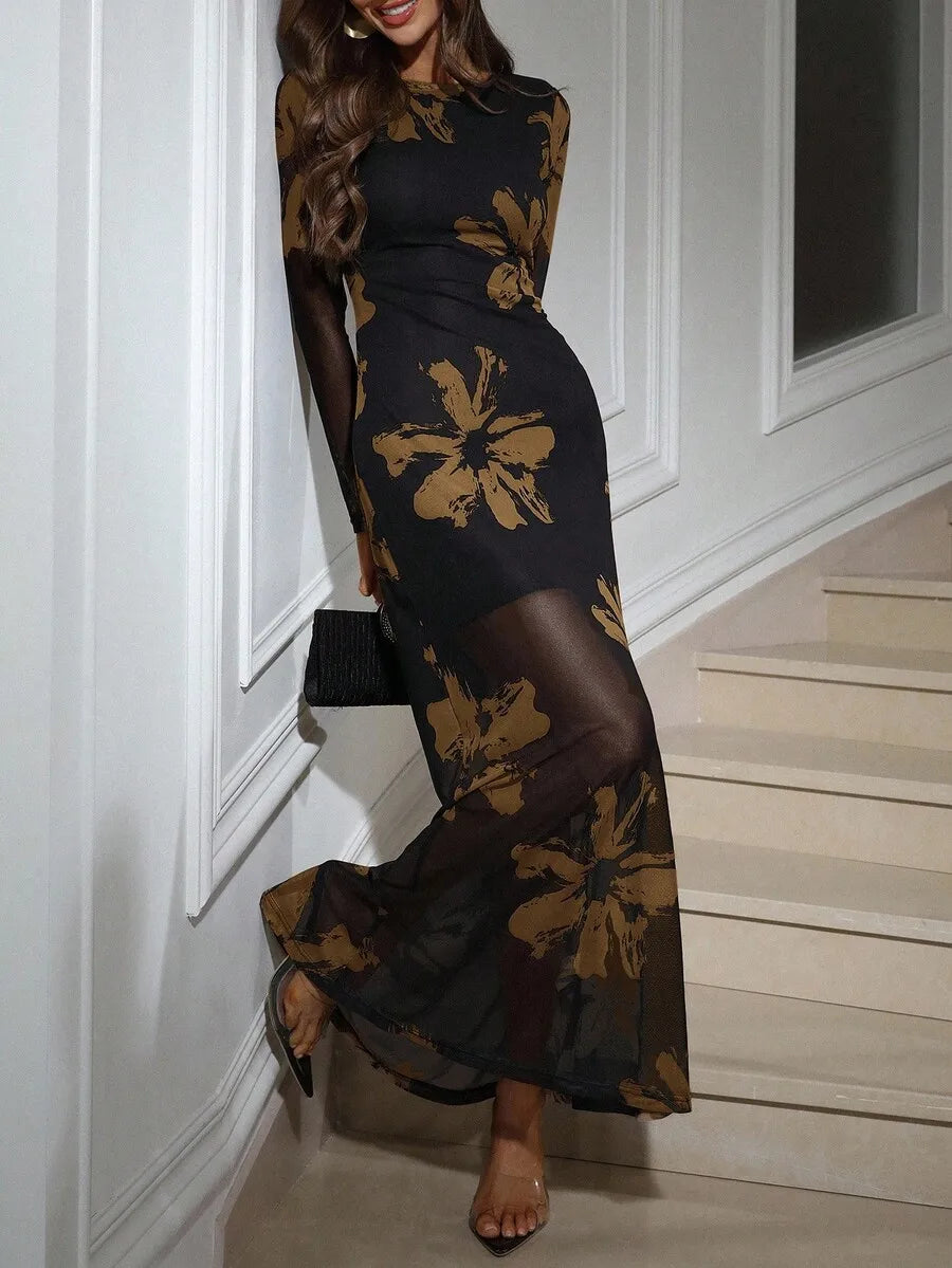 Aveloria Modichic Brush Stroke & Floral Print Mesh Bodycon Waist Cinched Long Sleeve Dress For Women Dresses For Women Elegant 