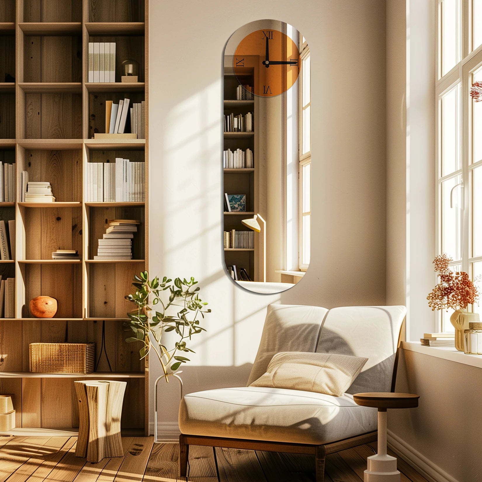 Mirror Wall Clock Modern Minimalist Long Oval Brown Tinted Wall Clock Silver Mirror Decorative Clock for Home, Living Room