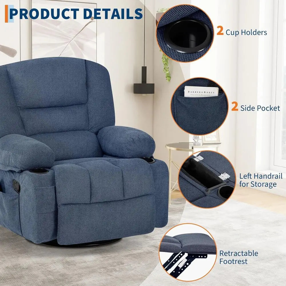 Oversized Wide Recliner Chair-Heat and Vibration Massage, 360° Swivel Rocker Chair or Adults,Chenille abric Manual Recliner with