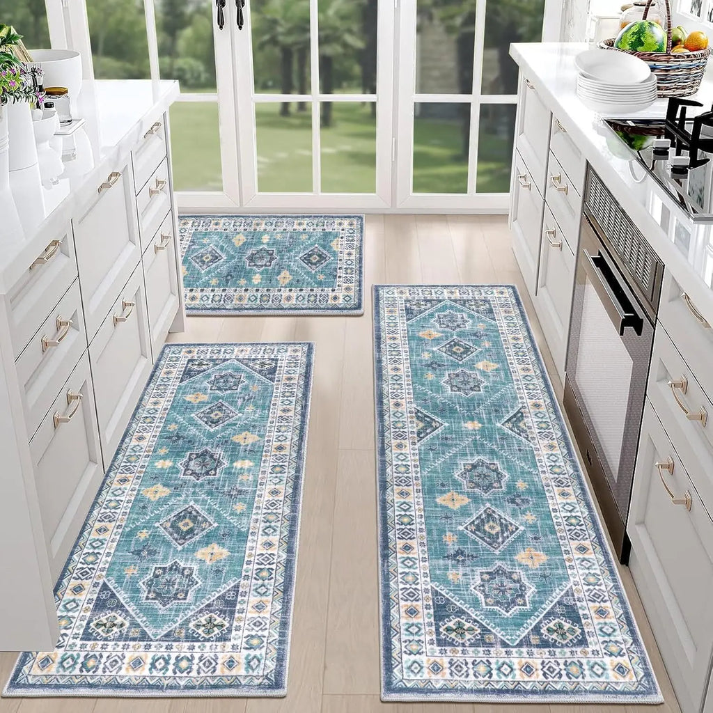 Boho Kitchen Rug Set with Runner, Non-Slip Washable Floor Mats for Hallway and Laundry, Holiday Decor