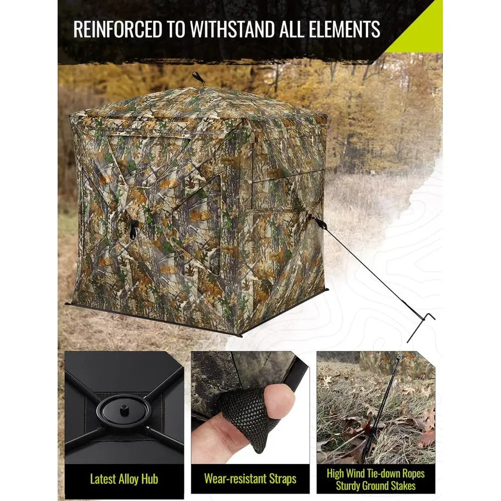 270° Panoramic View Silent Magnetic Door and Sliding Window 2-3 Person Pop-Up Ground Blind with Carry Bag, 300D Durable Camoufla