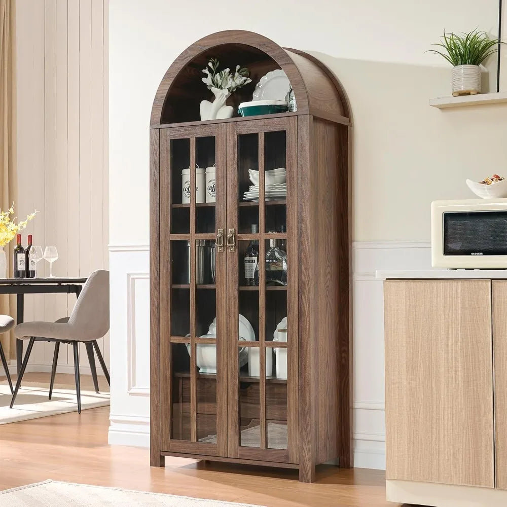 Customized. 71" Tall Arched Kitchen Pantry with Glass Doors, 5 Tier Modern Bookshelf with 2 Drawers, Wooden Storage Cabinet with