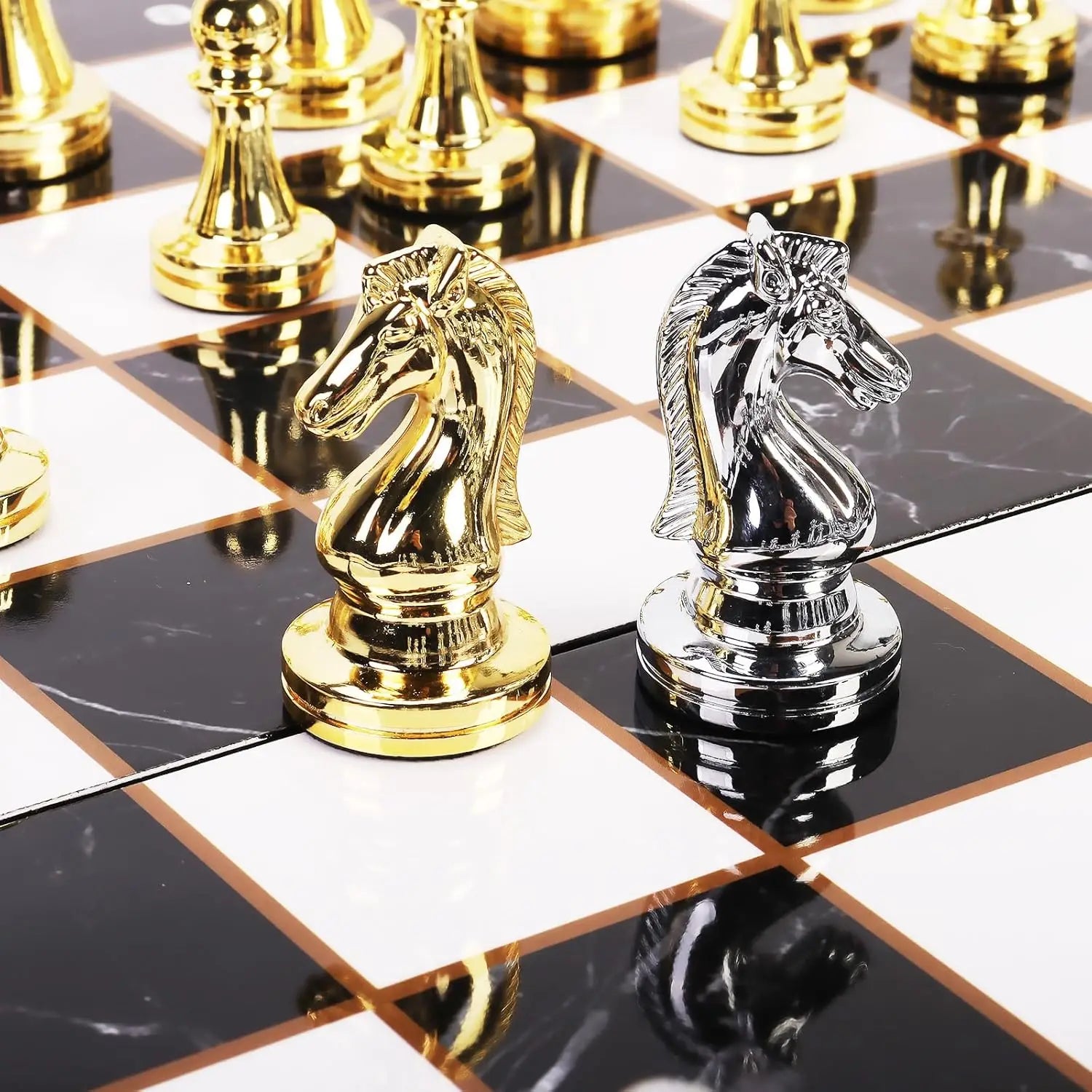 Large Metal Chess Set with Storage, 15' Marbled Board, 32 Zinc Alloy Pieces, 2 Extra Queens, Folding Portable Travel Game