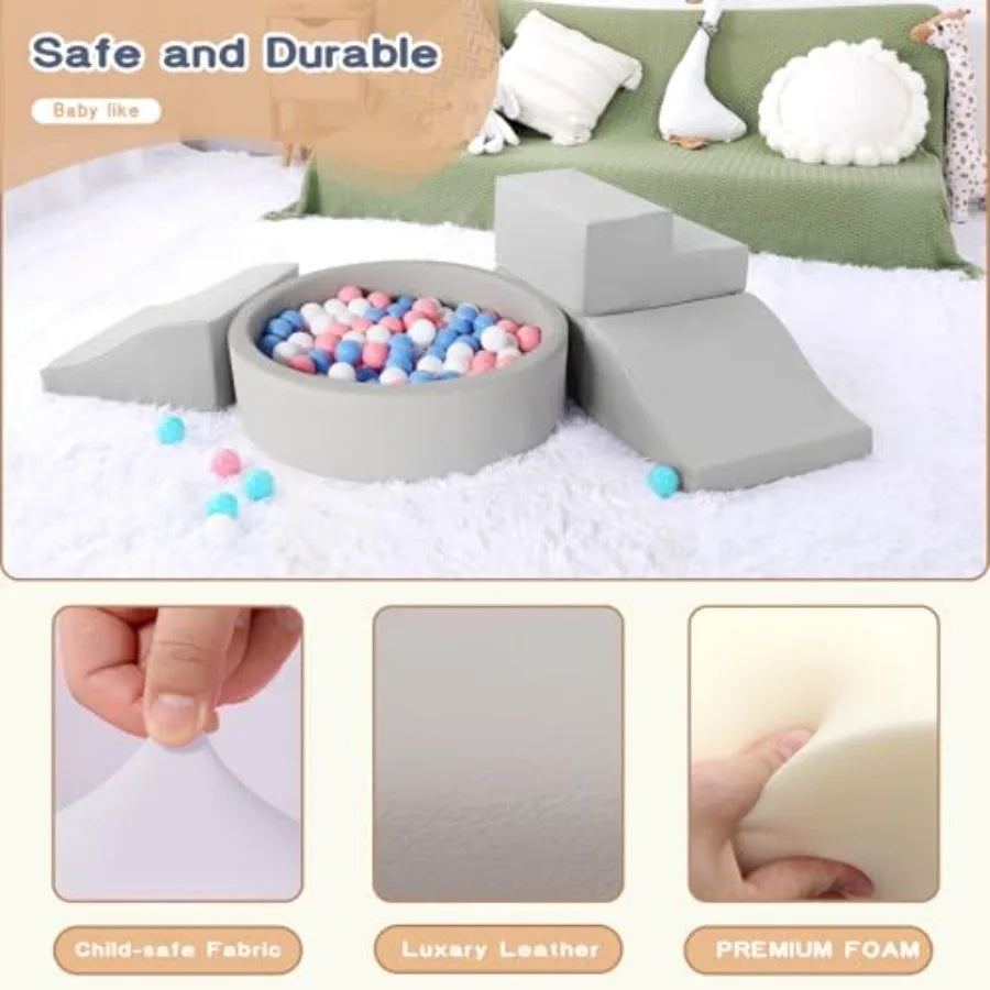 Foam Climbing Blocks for Toddler: with 4-Piece PU Leather Climbing Toys and a Ball Pit - Foam Ball Pit for Toddlers -