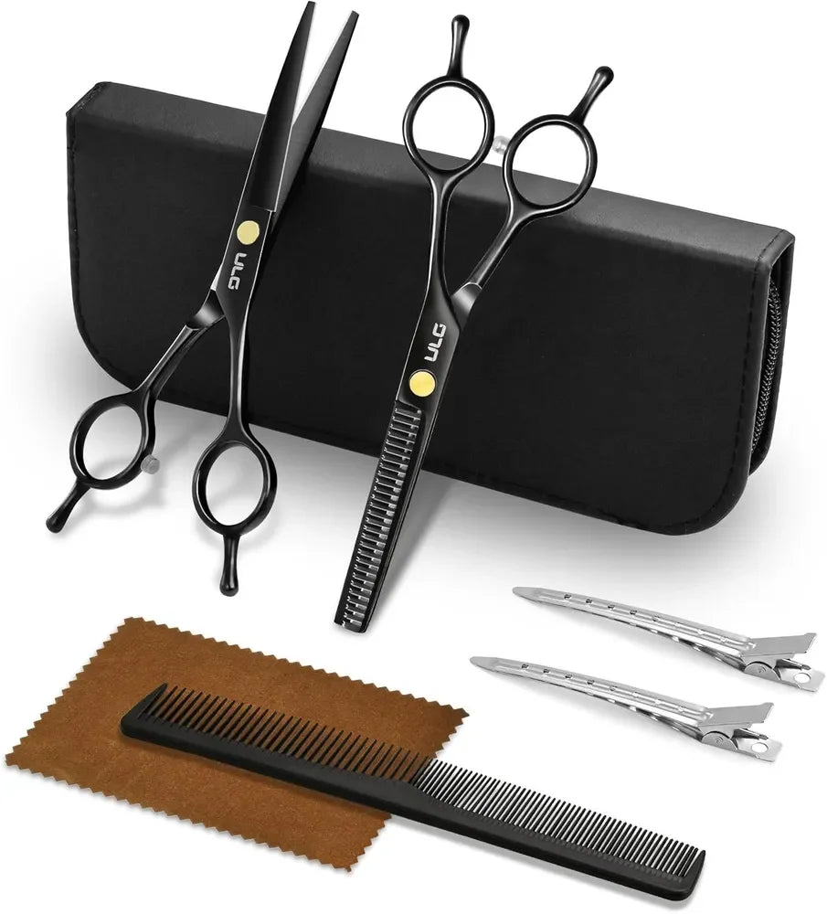 Professional 6.5' Japanese Stainless Steel Hair Cutting Scissors Set with Comb, Clips & Case – At-Home Salon Kit for Men, Women,