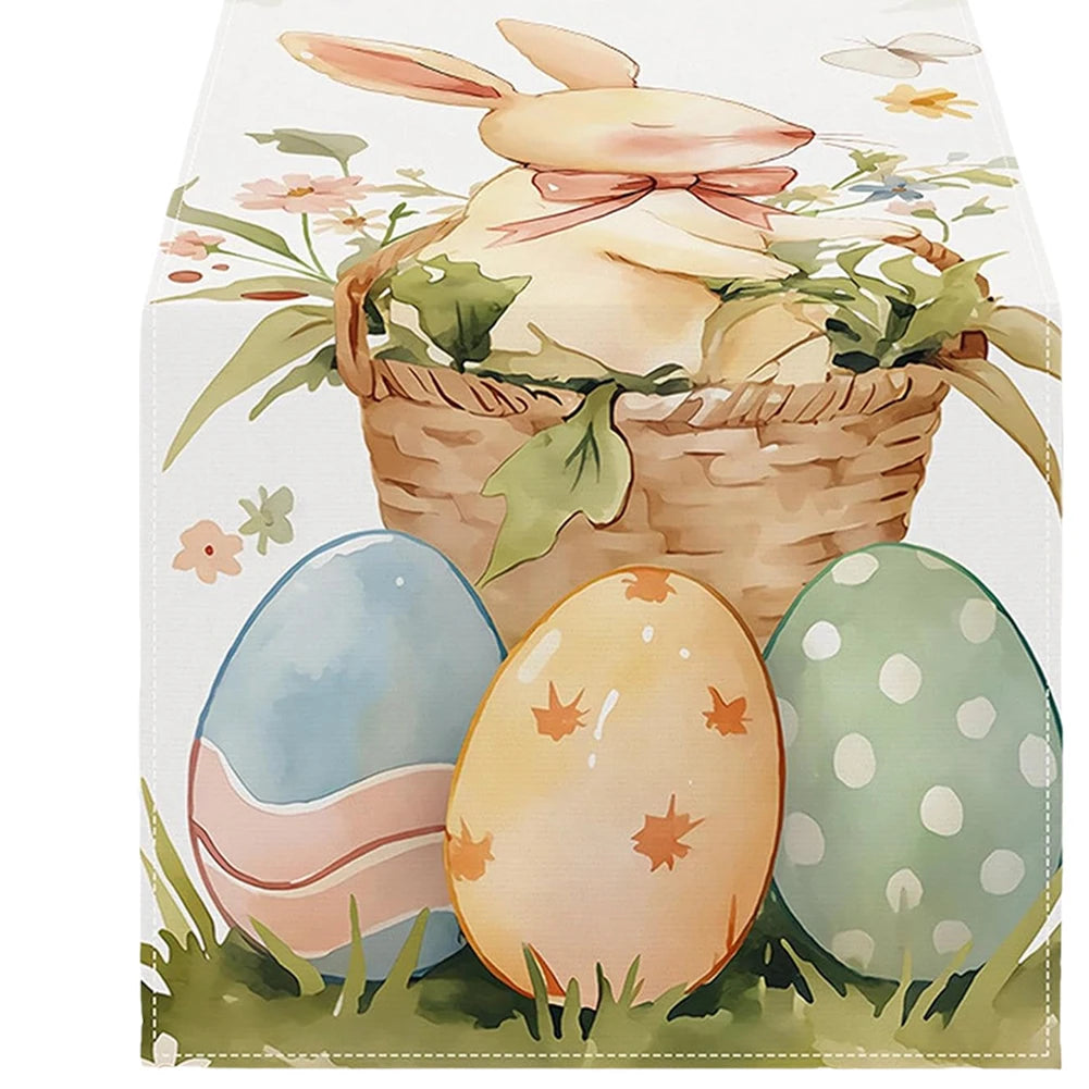 Easter Bunny Eggs Linen Table Runner Easter Rabbit Table Runner Washable Spring Table Runners for Kitchen Dining Table Decor