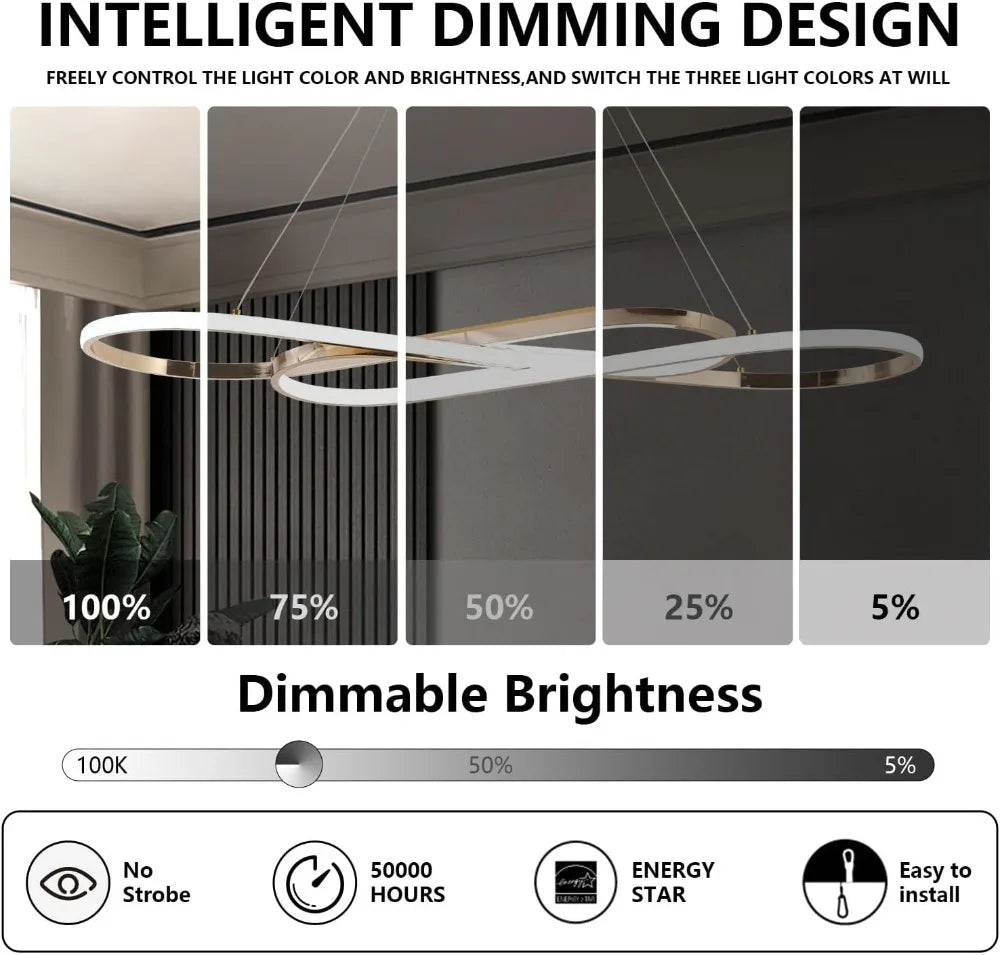 Modern Gold LED Pendant Light Kitchen Island Chandelier Dimmable Adjustable Height Dining Room