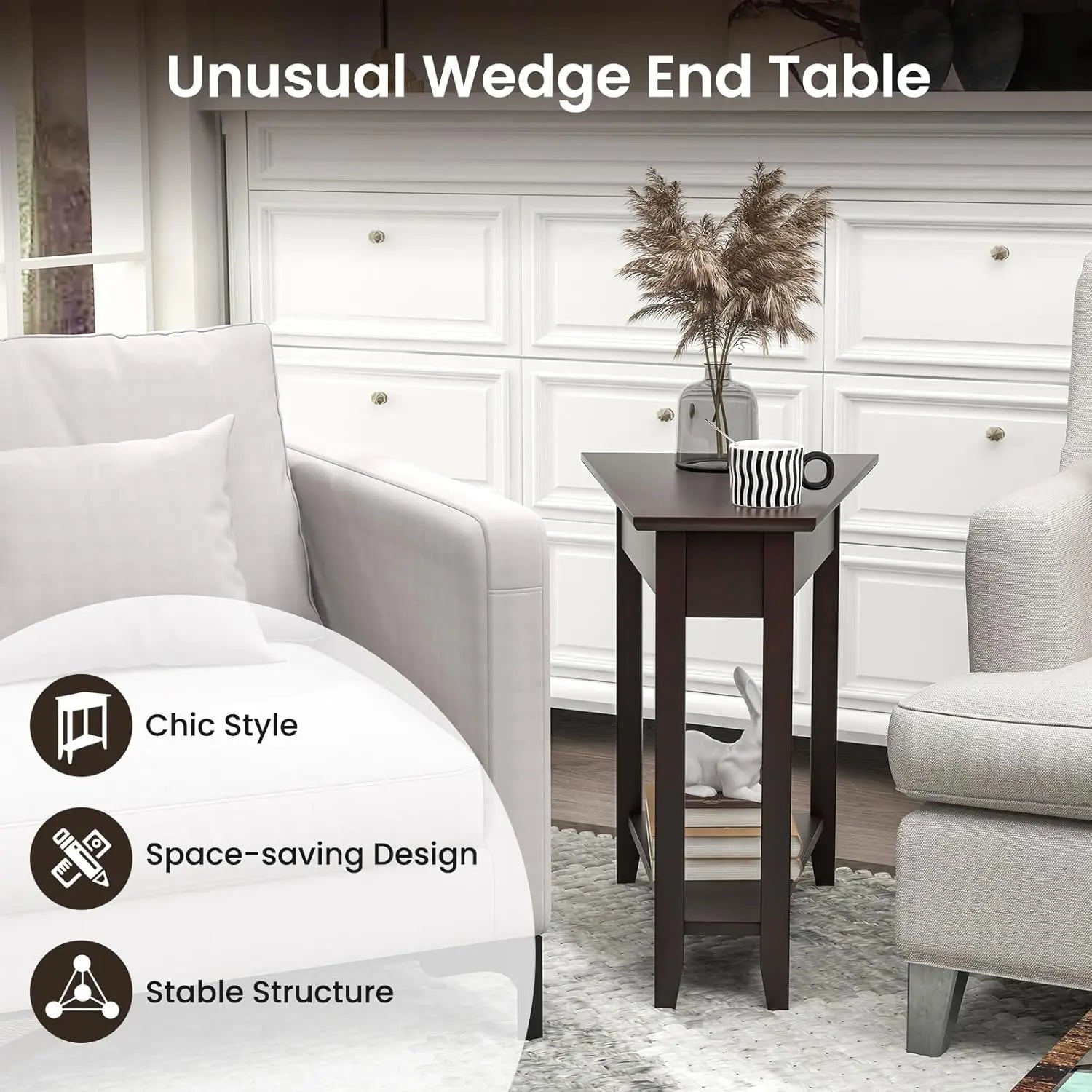 2-Tier Wedge End Table Set of 2, Narrow Triangle Nightstand with Storage, Solid Wood Legs, Espresso