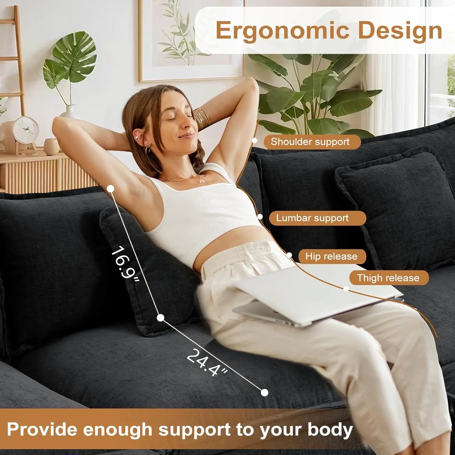 Oversized Accent Chair with Ottoman, Black Chenille Sofa Couch, Upholstered Chaise Lounge with Pillows for Living Room or Bedroo