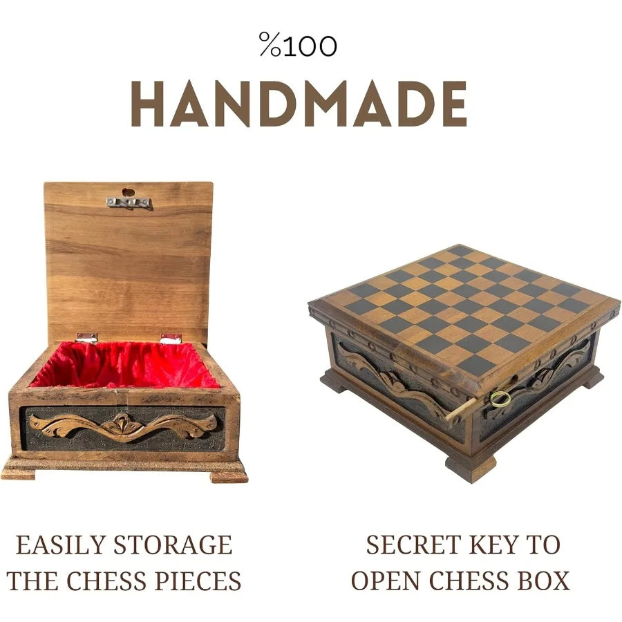 Wooden Chess Set with Storage Handcrafted Chess Board and British Figure Metal Chess Pieces Decorative Chess Game for Adults Pr