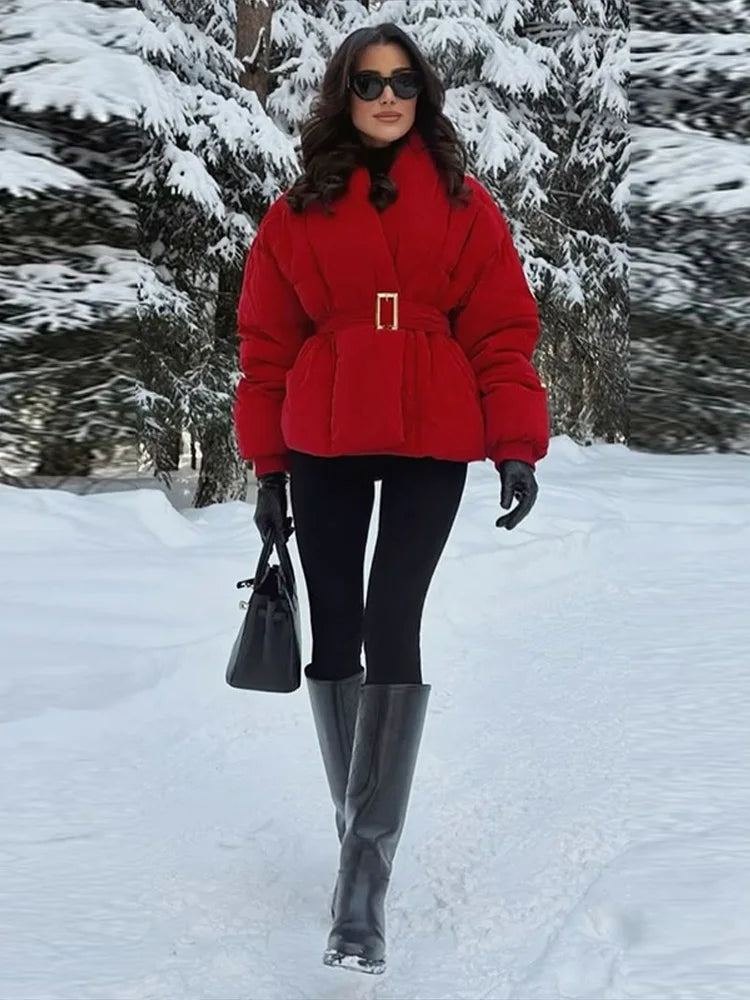 Lace up Cotton Jacket Woman Solid Color Long Sleeves Waist Cinching Versatile Coats Street Chic Women's New Warm Jackets