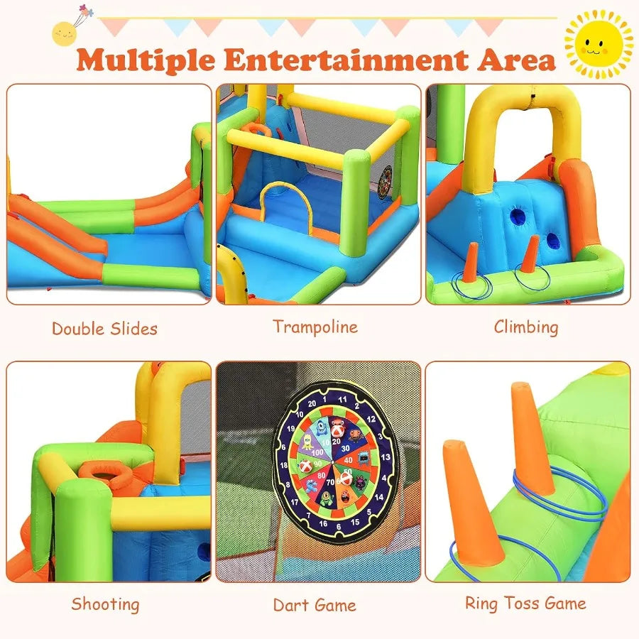 Inflatable Water Slide, 7 in 1 Bounce House with 2 Slides Climbing Wall Splash Pool 2 Ring Columns Water Gun, Outdoor Water Park