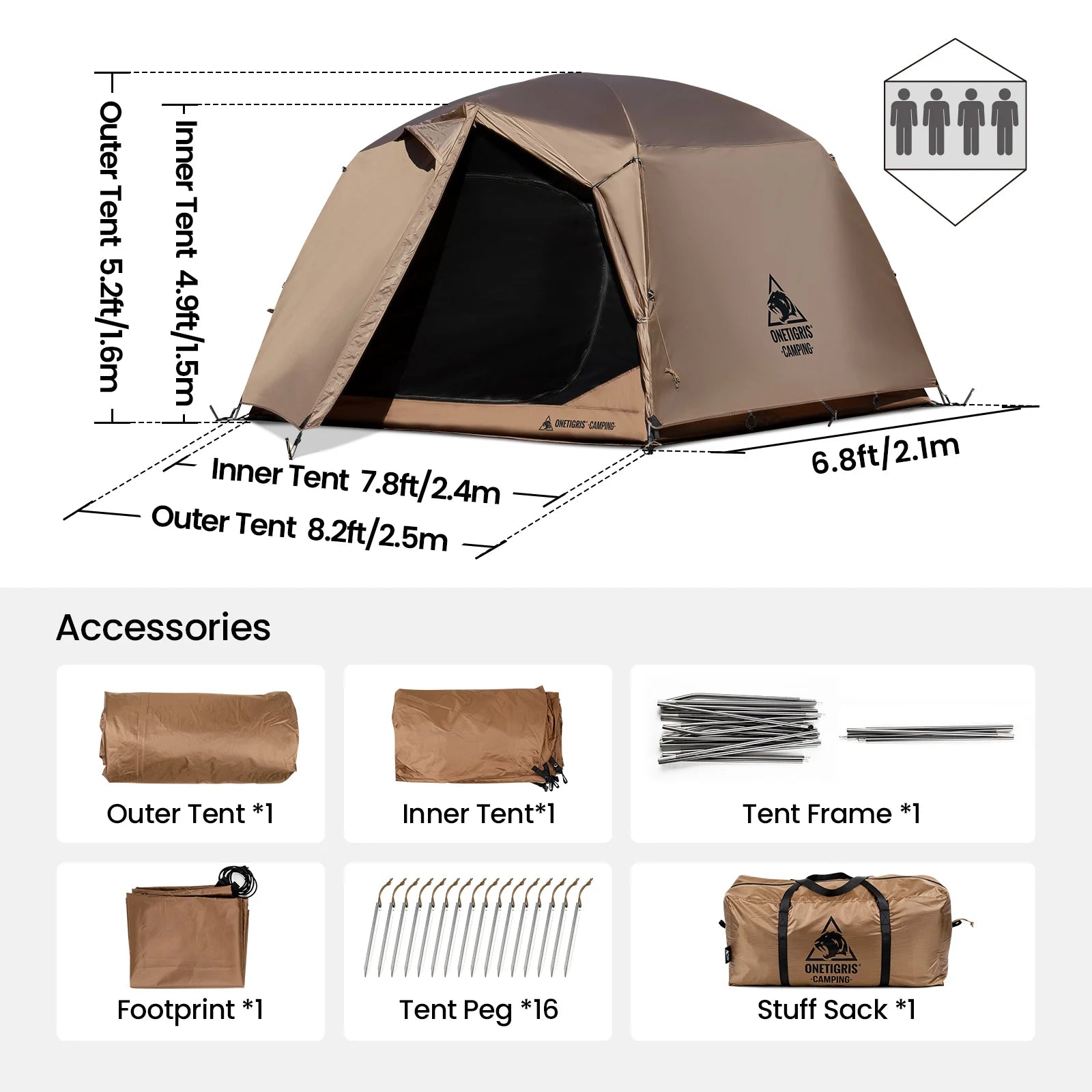 OneTigris JOVIAN Camping Tent 3-Season 4-Person Dome Tent Outdoor Backpacking Shelter With Tent Bottom Waterproof Floor Mat