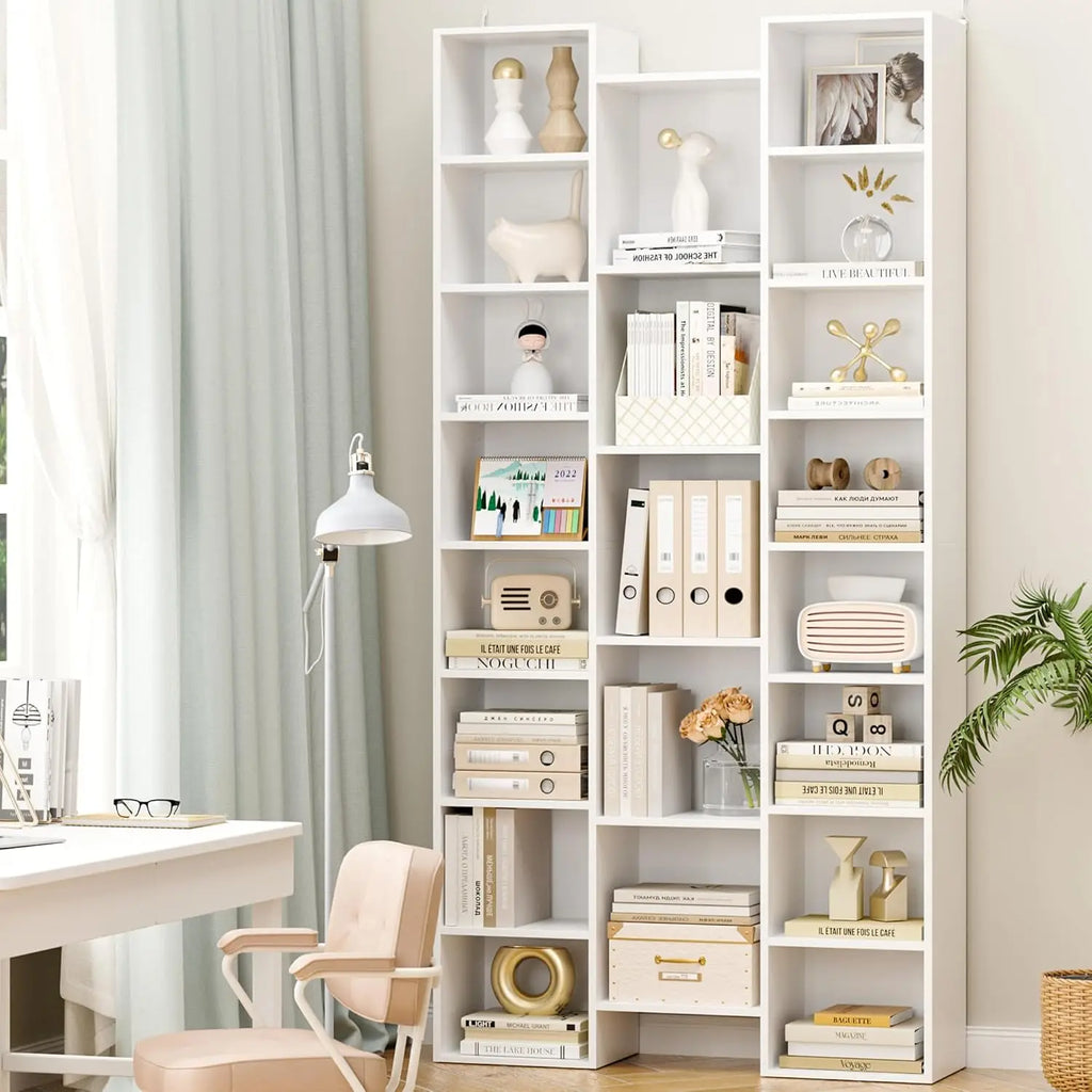 Triple Wide 8 Tier Media Storage Tower Rack, 71’’ Large CD DVD Storage Tower Rack with Adjustable Shelves, White Bookshelf,White