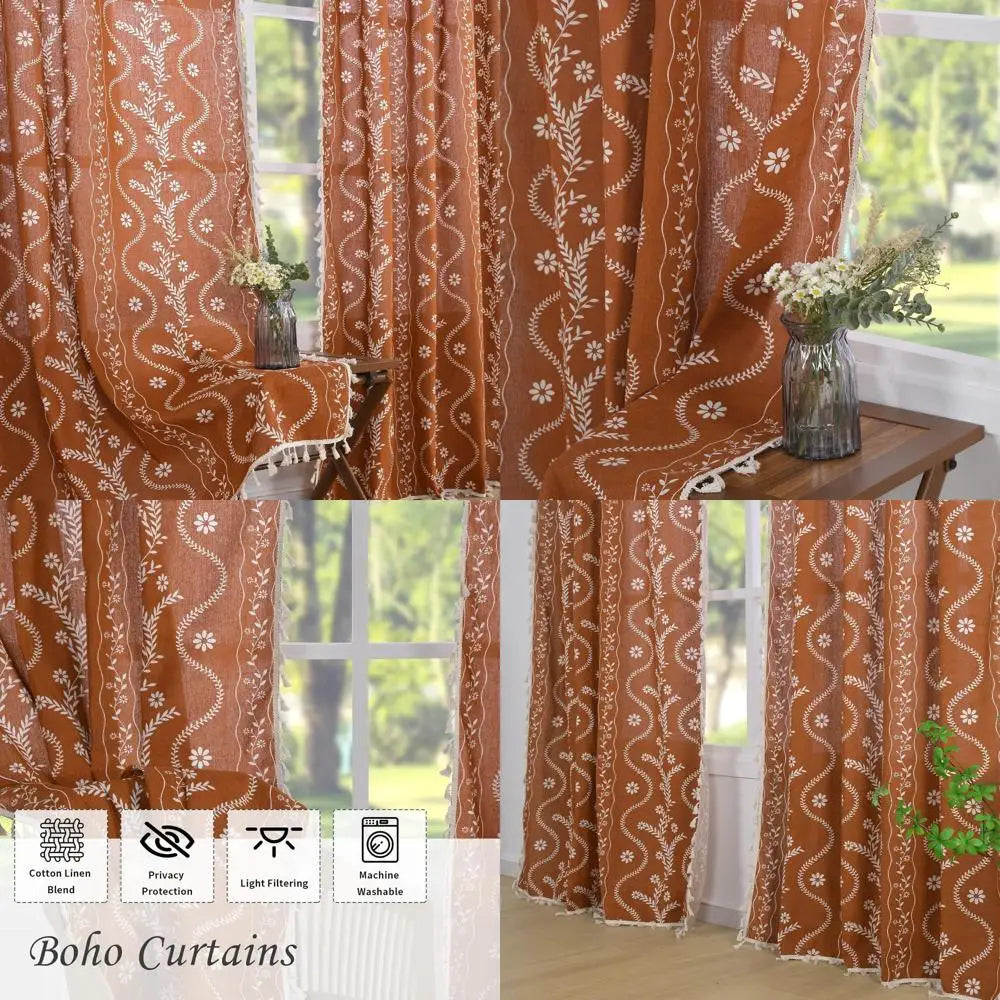 Vintage Farmhouse Style Linen Semi-Sheer Curtains, 84 Burnt Orange Floral Print for Living Room