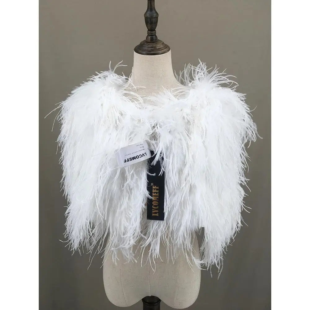 Elegant White Ostrich Feather Shawl - Luxurious Cape for Weddings and Parties