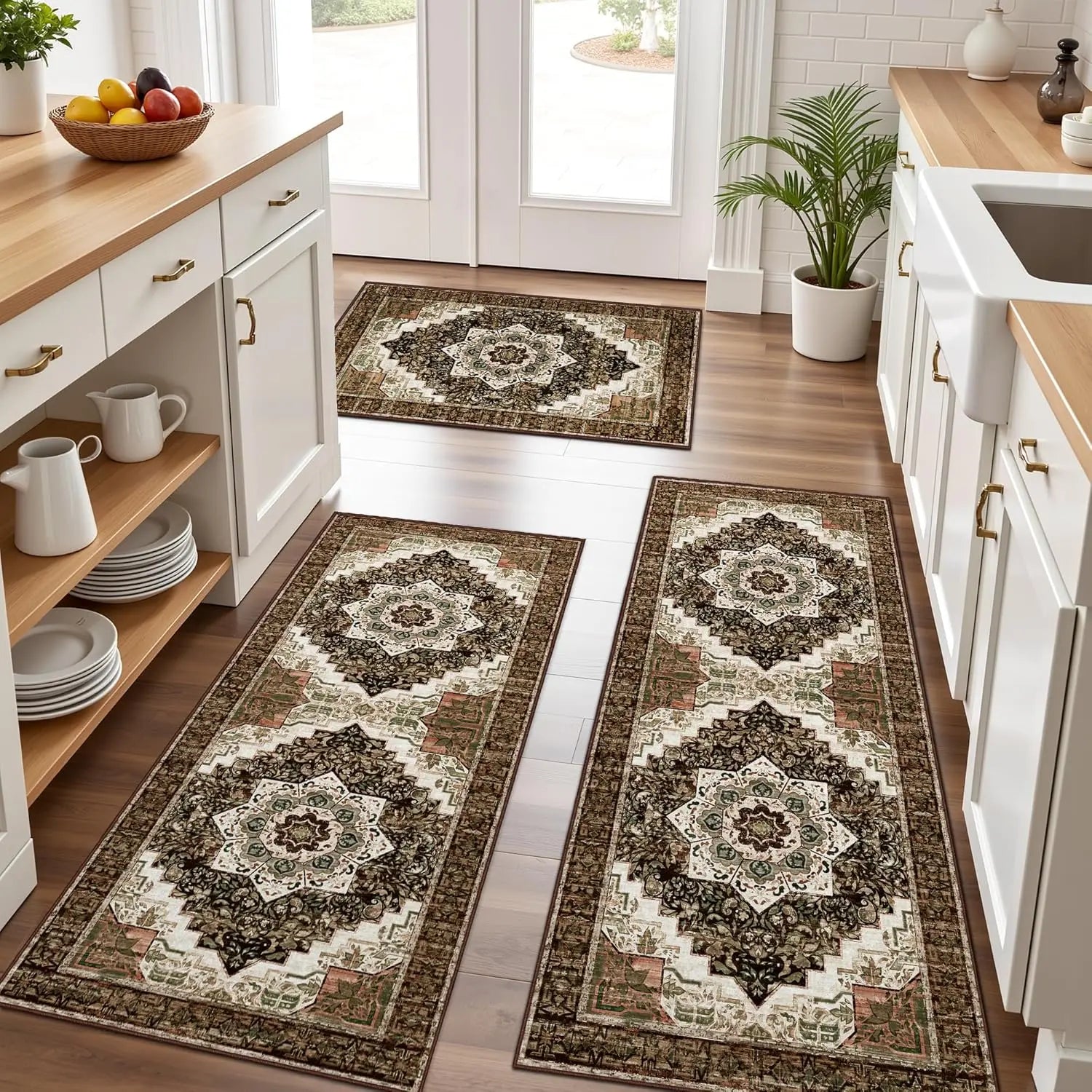 Non-Slip Kitchen Rugs Set of 3 Washable Boho Mats for Floor Farmhouse Runner Hallway Laundry Room
