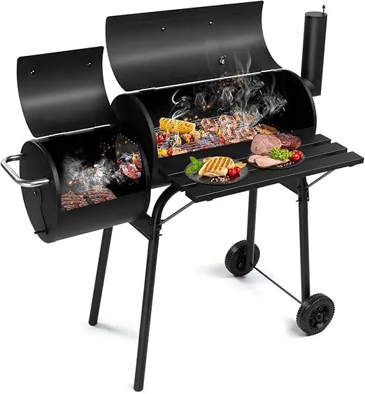 Large Outdoor BBQ Smoker Grill with Offset Smoker and Wheels for Backyard and Patio Parties