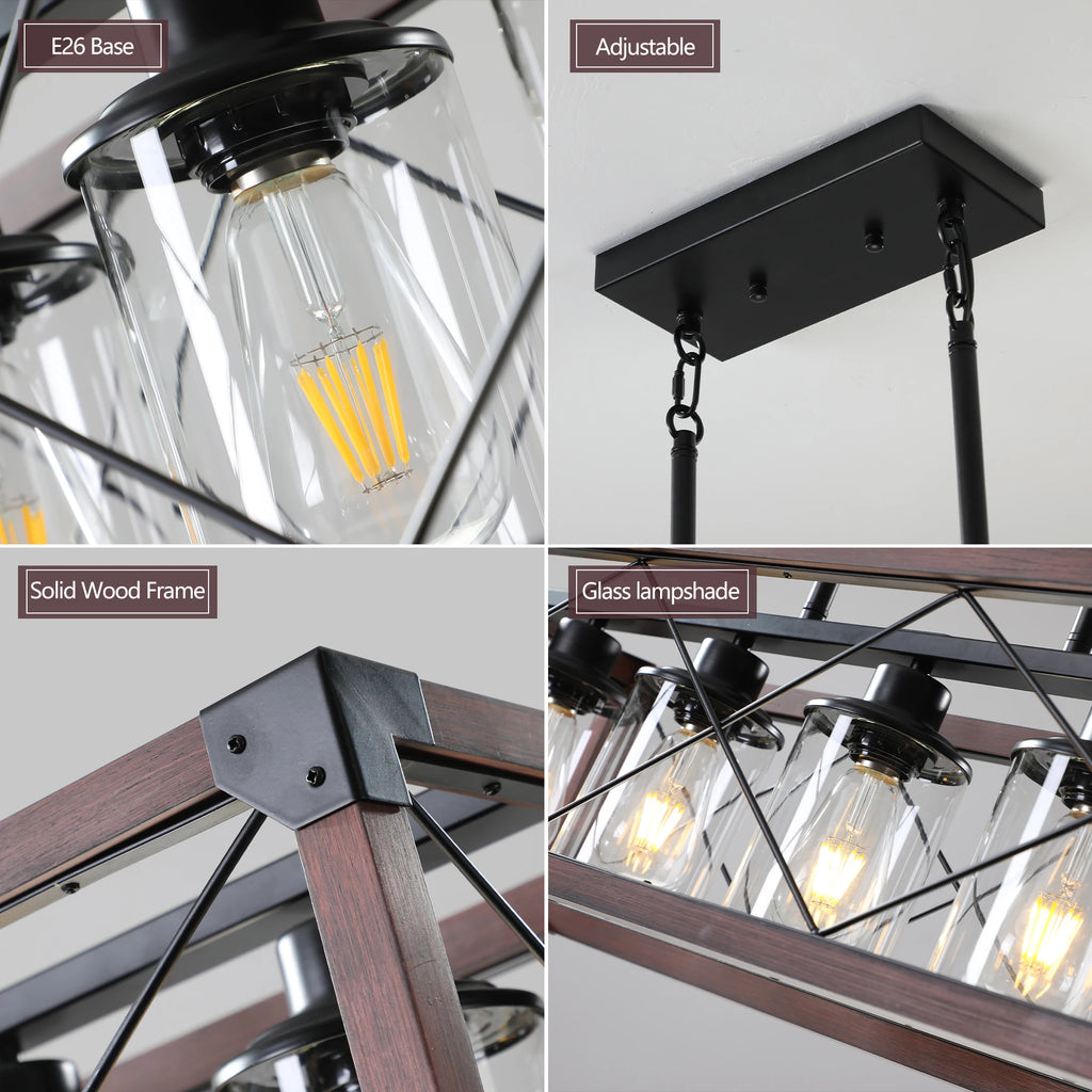 31“Industrial Farmhouse Rectangle Pendant Light - Wood & Iron Metal Frame,Glass lampshade，5-Light E26 Bulb Chandelier (No Bulbs)