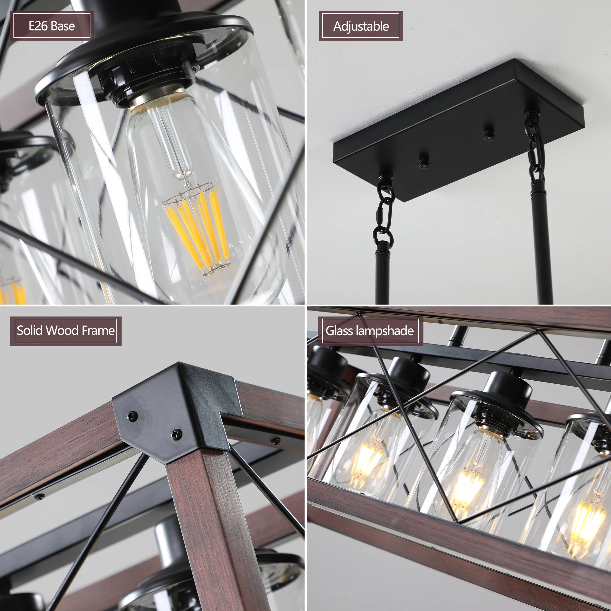 31“Industrial Farmhouse Rectangle Pendant Light - Wood & Iron Metal Frame,Glass lampshade，5-Light E26 Bulb Chandelier (No Bulbs)