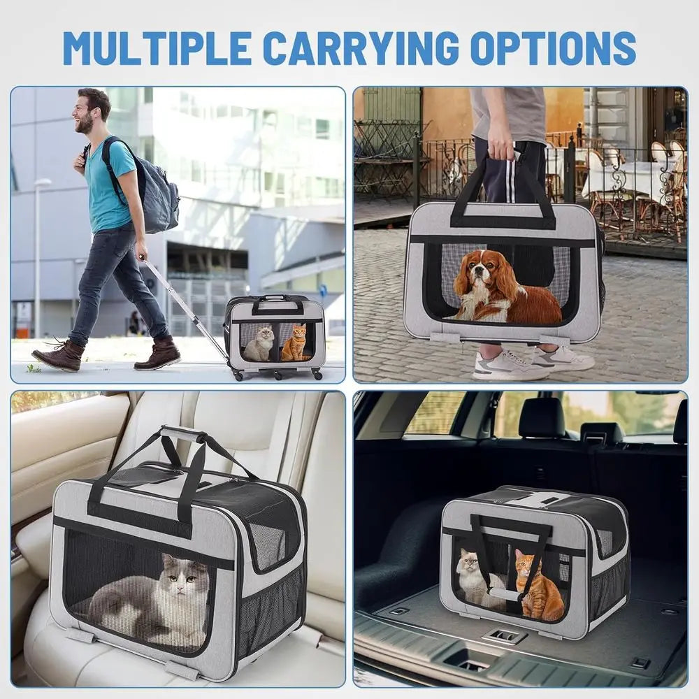 Large Rolling Pet Carrier for Small Dogs & Cats, Holds Up to 40 lbs, Grey