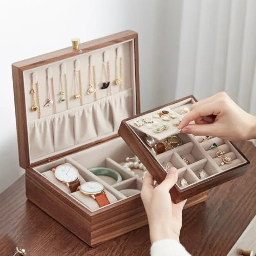 Black Walnut Wooden Jewelry Box for Women 2 Layer Jewelry Organizer with Removable Tray for Watches Rings Earrings Necklace Bra