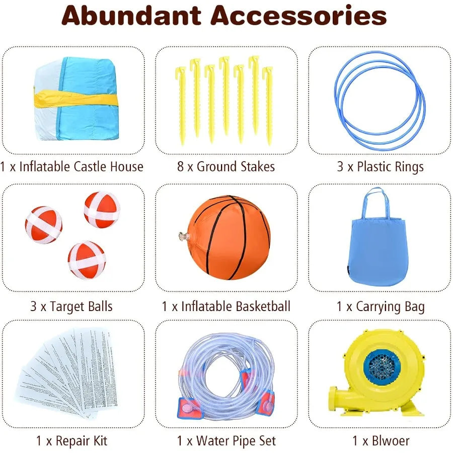 Inflatable Water Slide, 7 in 1 Bounce House with 2 Slides Climbing Wall Splash Pool 2 Ring Columns Water Gun, Outdoor Water Park