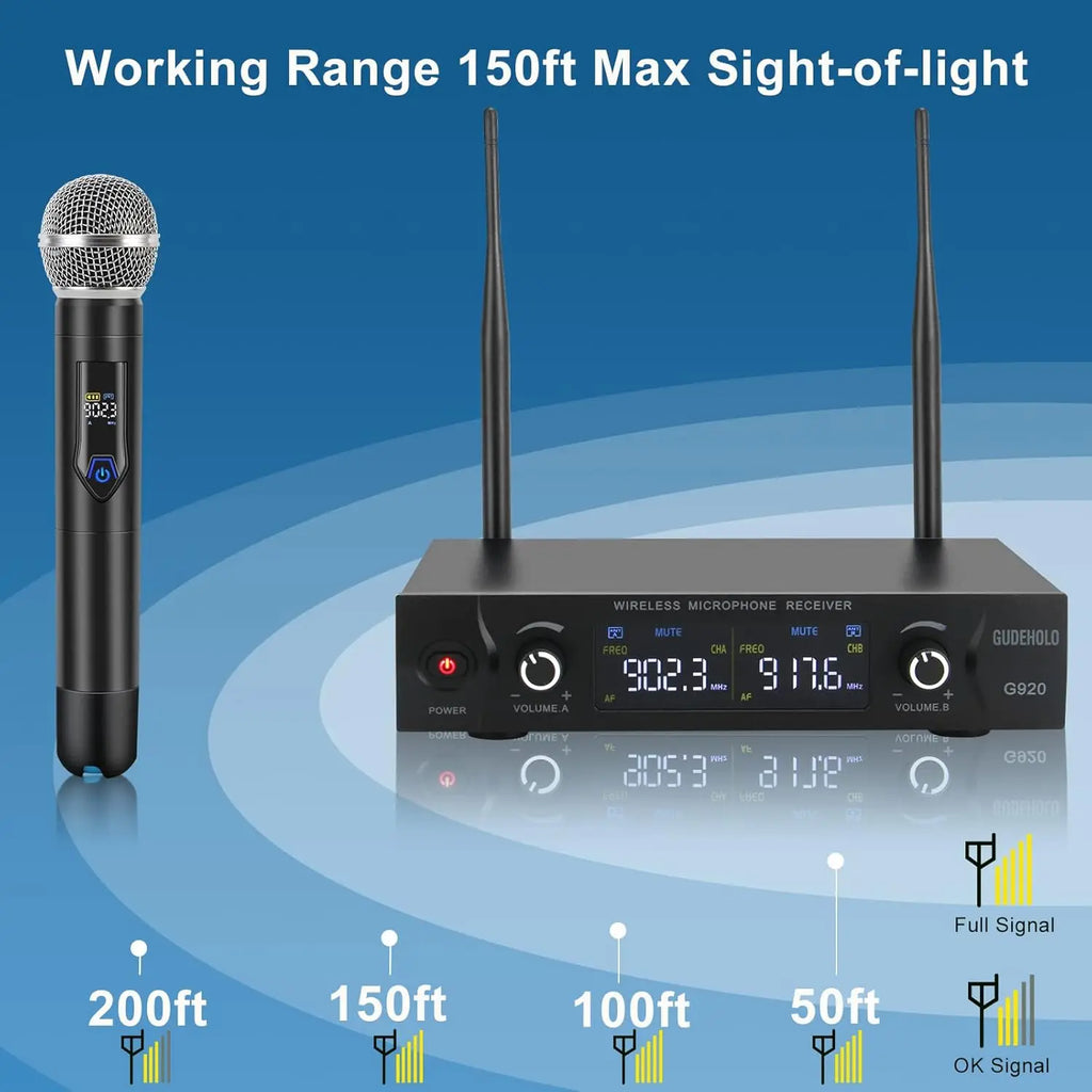 Wireless Microphone System, Metal UHF Dual Handheld, 20 Channels, Professional Cordless Mic for Church, DJ, Karaoke, Wedding
