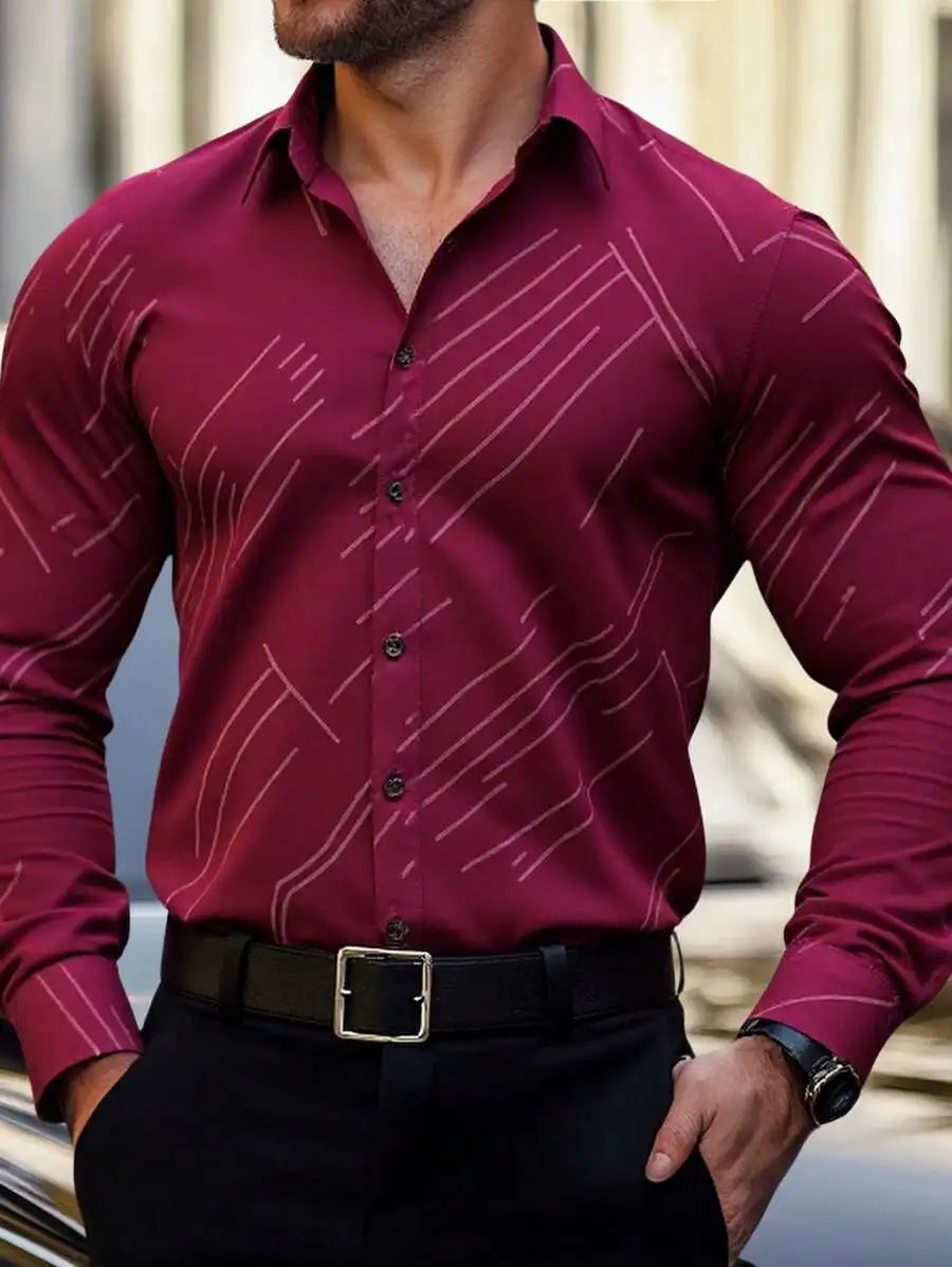 Men's Slim Fit Long Sleeve Button-Down Shirt with Geometric Line Print