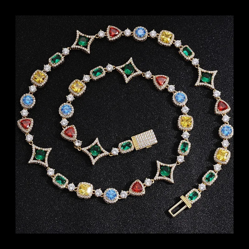 Colored Gemstone Tennis Chain, Hot-selling Diamond-encrusted Hip-hop Necklace, Niche Bracelet.