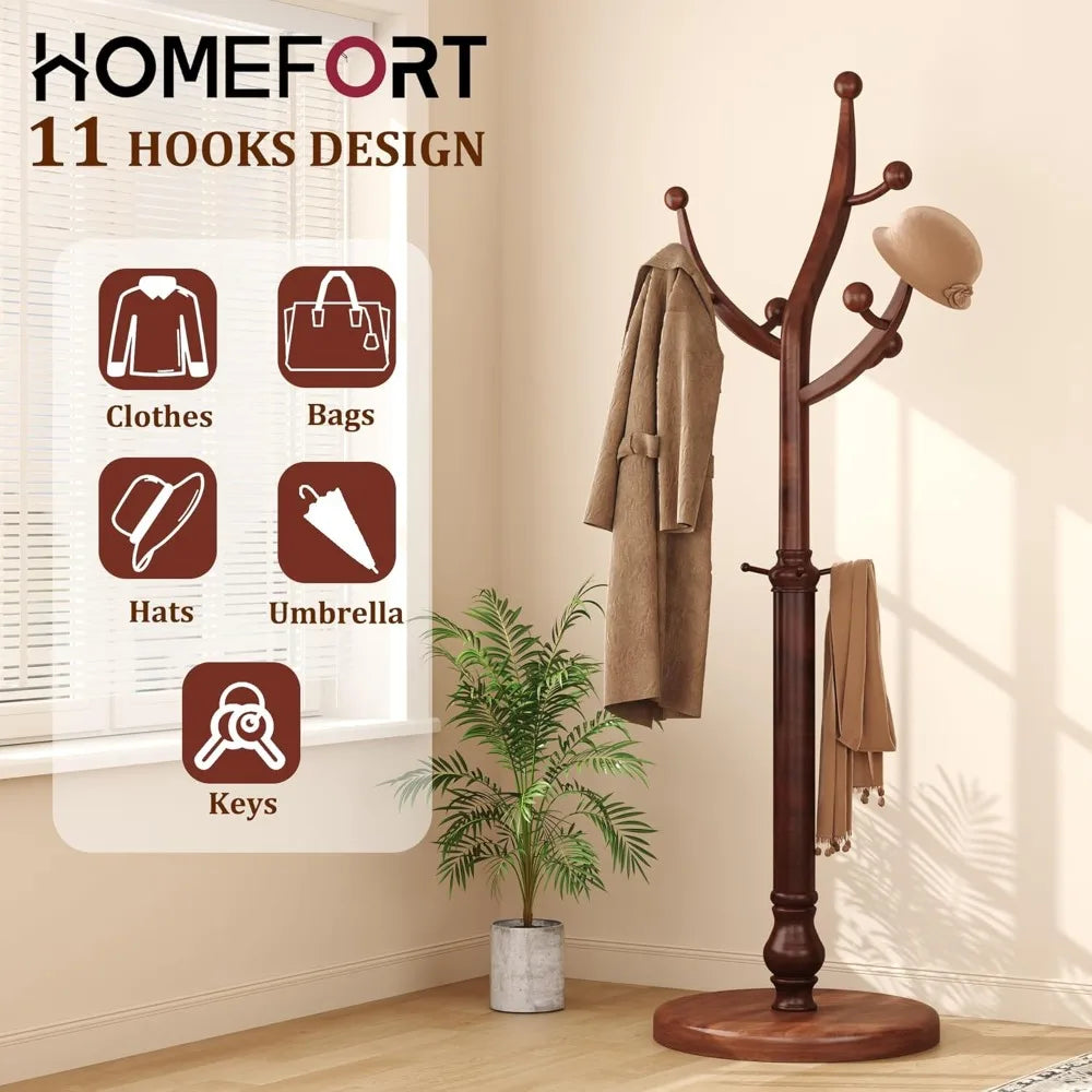 Wooden Freestanding Coat Rack with 11 Hooks, Sturdy Rubber Wood Hanger, Vintage Style