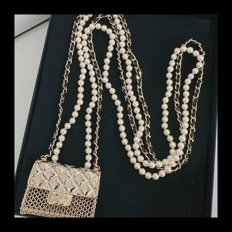 Internet Celebrity Star Same Pearl Bag Letter Crossbody Chain High Sense Long Necklace