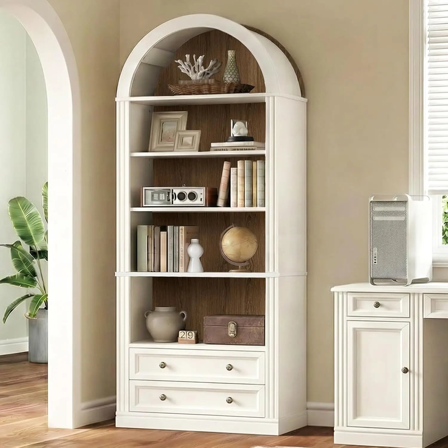 Farmhouse Arched Bookshelf, 7 Tiers Arch Bookcase with 2 Spacious Drawers, Modern Book Shelf with Open Display, Customized