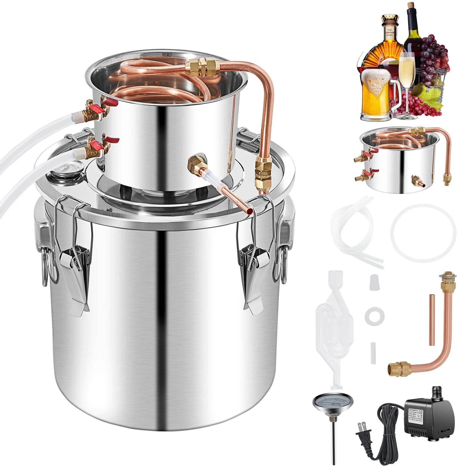 SucceBuy 50L Moonshine Still Alcohol Distiller w/ Water Pump Stainless Copper DIY Brew Ethanol Wine Essential Oil Brewing Kit