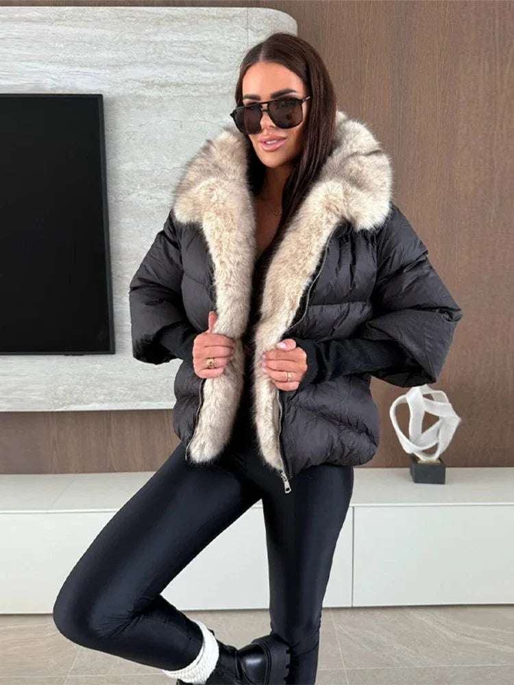 Women Faux Fur Patchwork Padded Jacket Warm Daily Hooded Zipper Cropped Coat Lady New Winter Elegant Fashion Street Outwear 2025