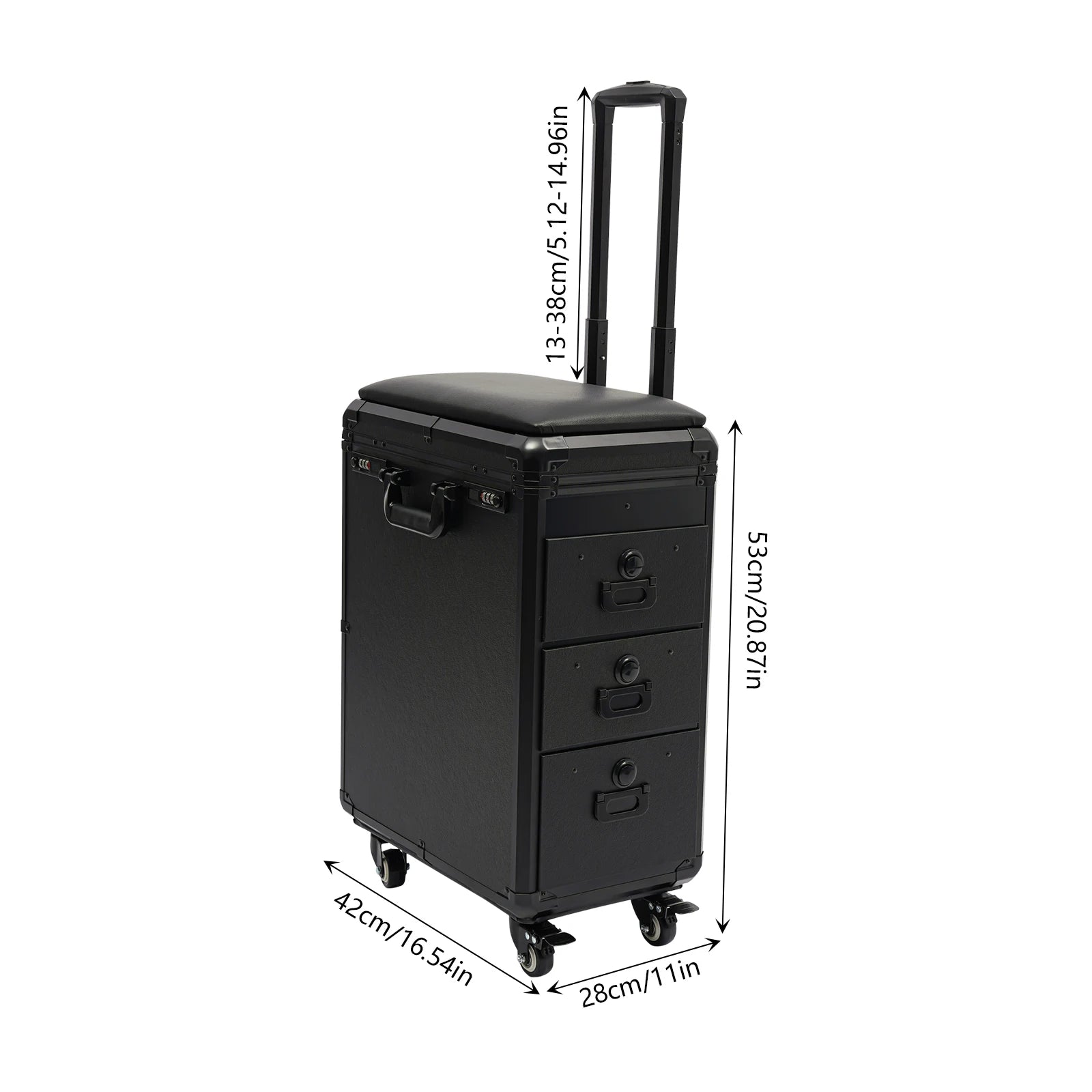 3 Drawers Rolling Makeup Case Tattoo Suitcase Mobile Manganese Steel Makeup Case with Combination Lock 4 Wheels 2 Brakes
