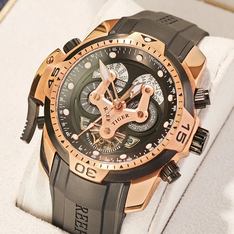 reeftiger Men's Mechanical Watch, Fully automatic multi-functional double calendar Business men's watch, Men's clock RGA3503