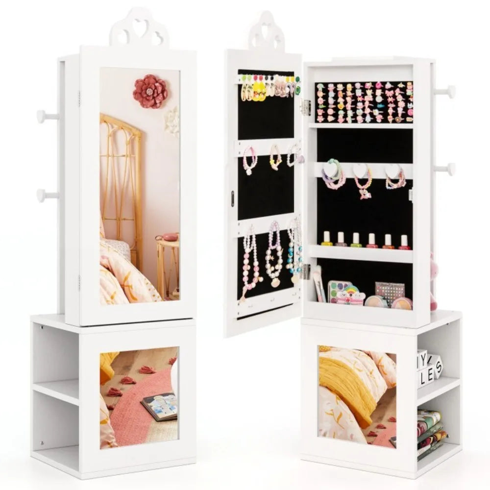 3-in-1 Kids Freestanding Jewelry Organizer Cabinet Armoire w/Full Length Mirror