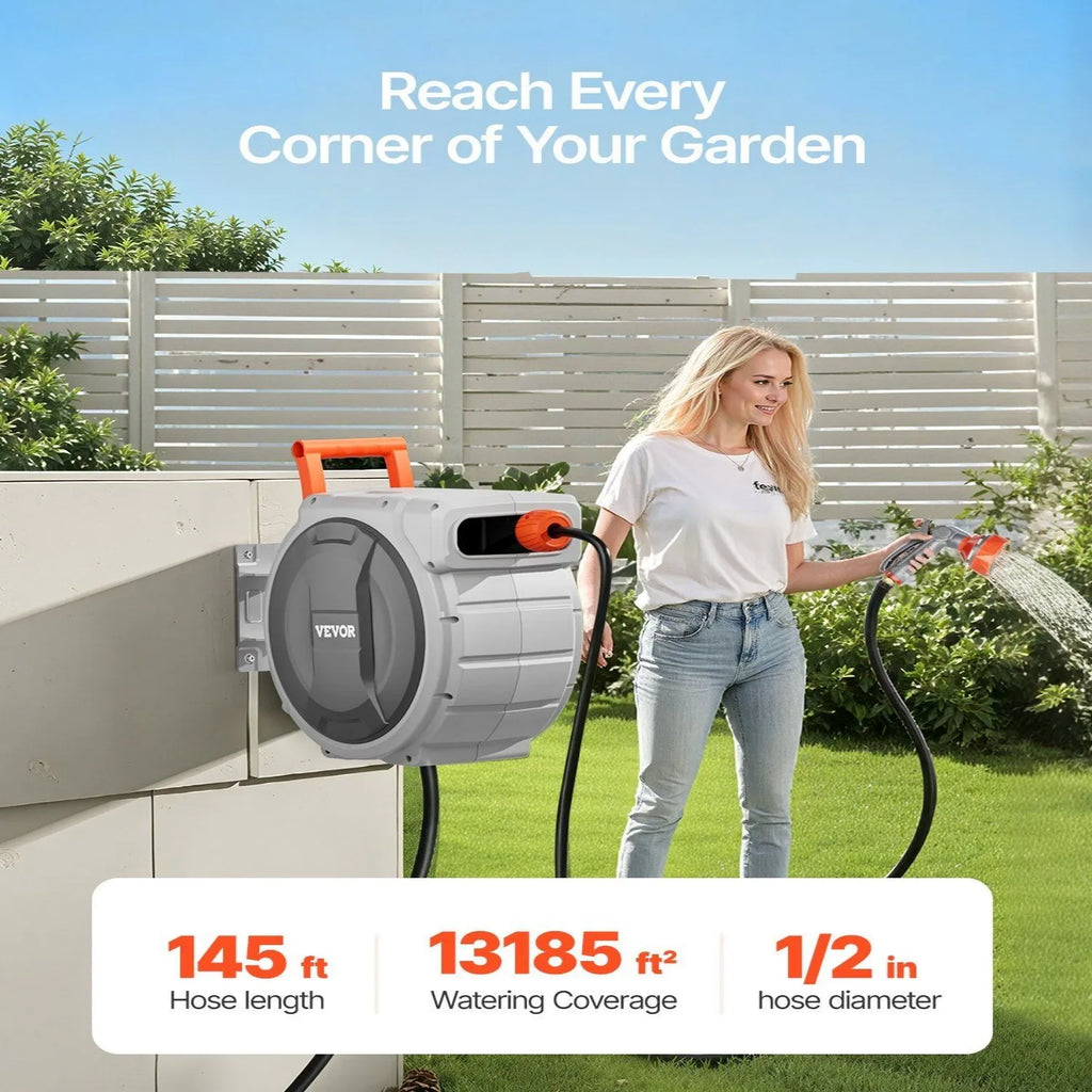 1/2 Inch Retractable Garden Hose Reel - 145ft Wall-Mounted Heavy Duty with 9-Pattern Nozzle, Any-Length Lock & 180° Swivel Brac