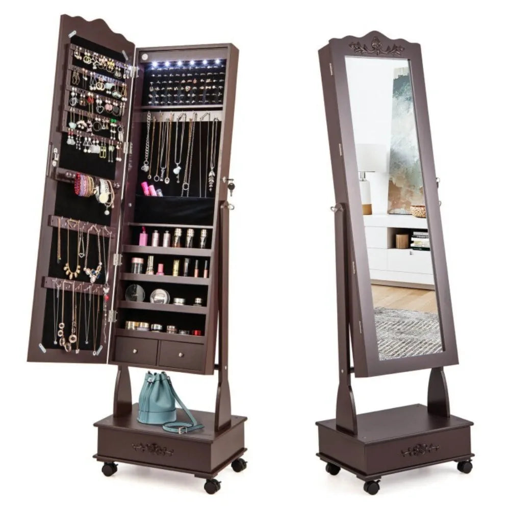 Jewelry Cabinet Storage Organizer Armoire Floor Standing with Full-length Mirror