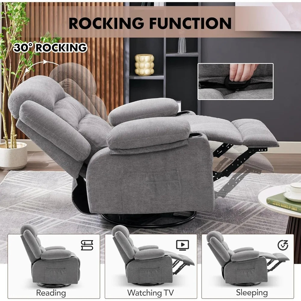 Rocker Recliner Chair with Heat and Massage, 360° Swivel Recliner Chairs for Adults, Oversized Recliner Single Sofa Seat with Cu
