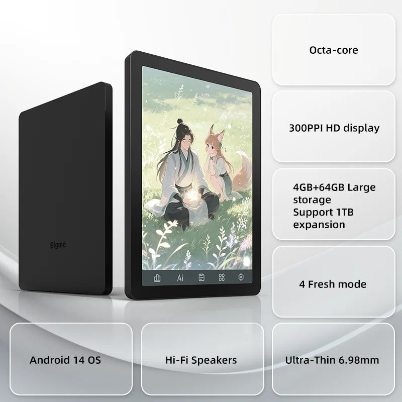 Bigme B6 ereader, 6'' e-ink electronic book, 36-level front light, 4+64GB Android 14 OS built-in Google Play ebook reader tablet