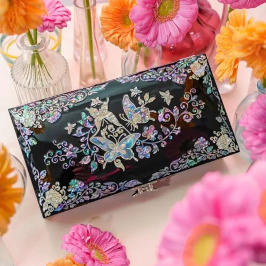 Mother of Pearl Jewelry Organizer box - Handmade Large Wooden Box Romantic Anniversary Birthday Gifts for women Butterfly Flora