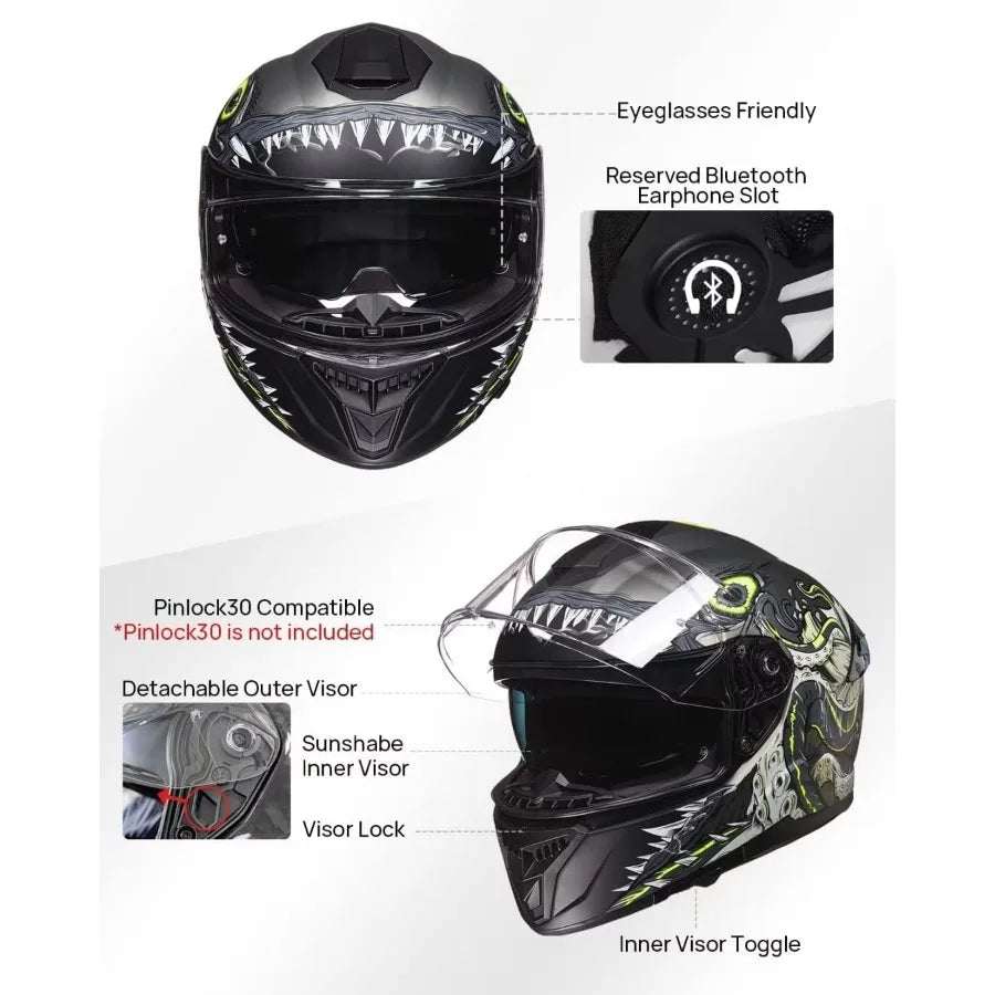 Full Face Dual Visor Motorcycle Helmets with Rear Wing Pinlock Compatible for Street Riding HighPerformance Protective Helmet w