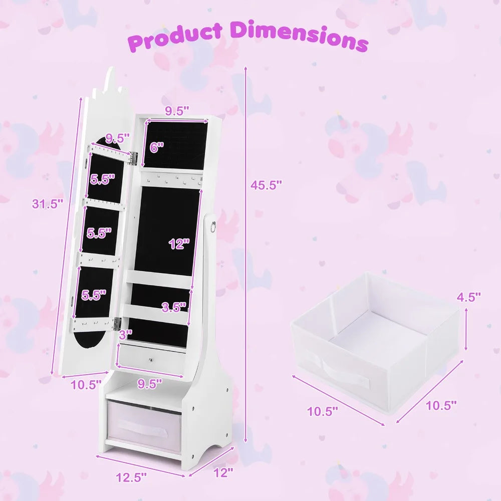 Kids Jewelry Cabinet w/ Full-Length Mirror 2 Adjustable Tilt Angles Drawer White